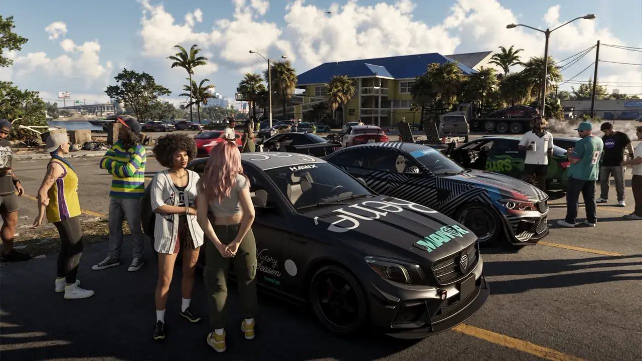 People gather beside customized cars at an outdoor parking-lot meet in GTA VI.