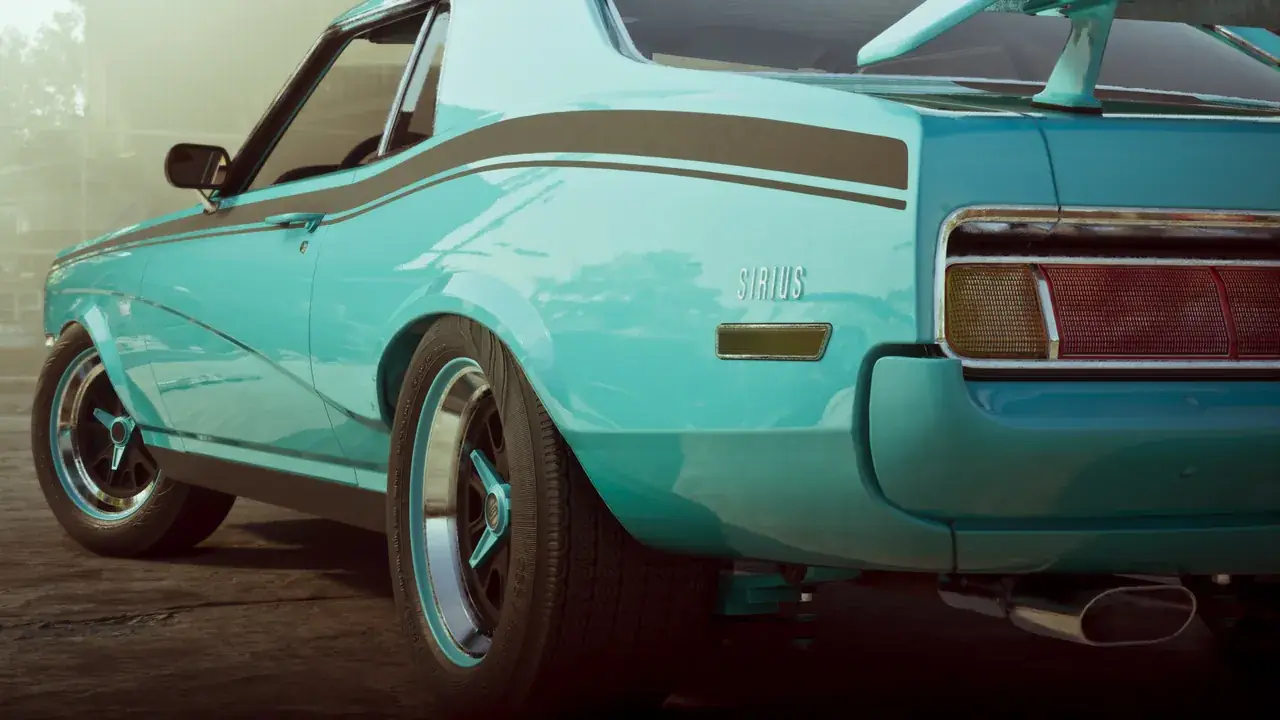 A turquoise Sirius coupe with black side stripes and a rear spoiler, viewed from behind in GTA VI.