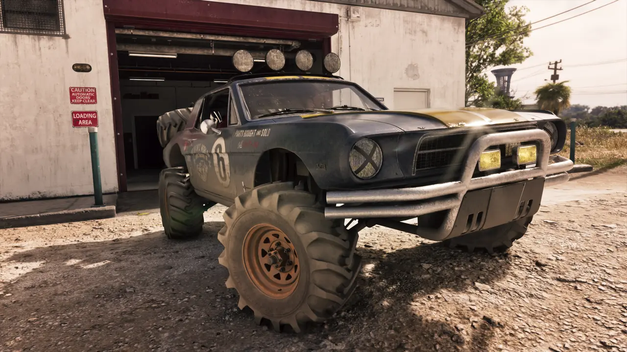 The ’67 Vapid Dominator Buggy parked in front of an open garage door in GTA VI.