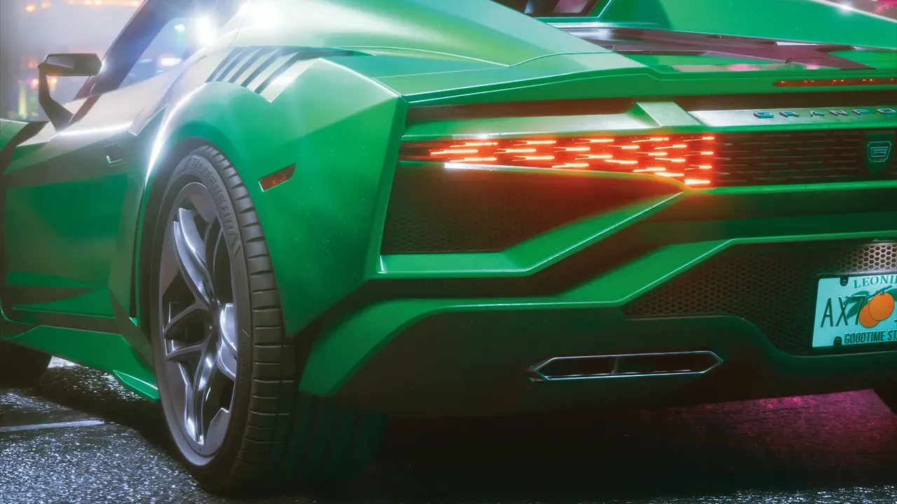 Rear three-quarter view of a green sports car in GTA VI, with GranForma lettering and an emblem above the rear grille.