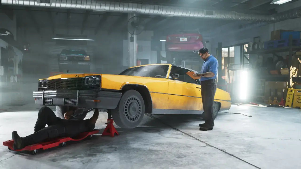 A mechanic works beneath a yellow Albany Manana while another stands beside it in a GTA VI workshop.