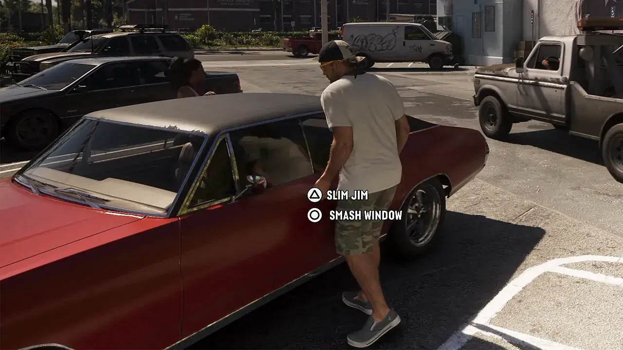 A character stands beside a red parked car with “Slim Jim” and “Smash Window” prompts on screen in GTA VI.