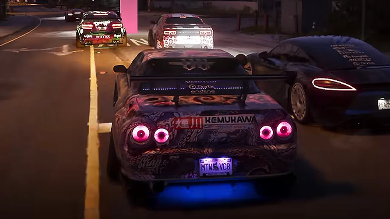 Annis Elegy Retro Custom with graphic livery and glowing taillights at night, rear view
