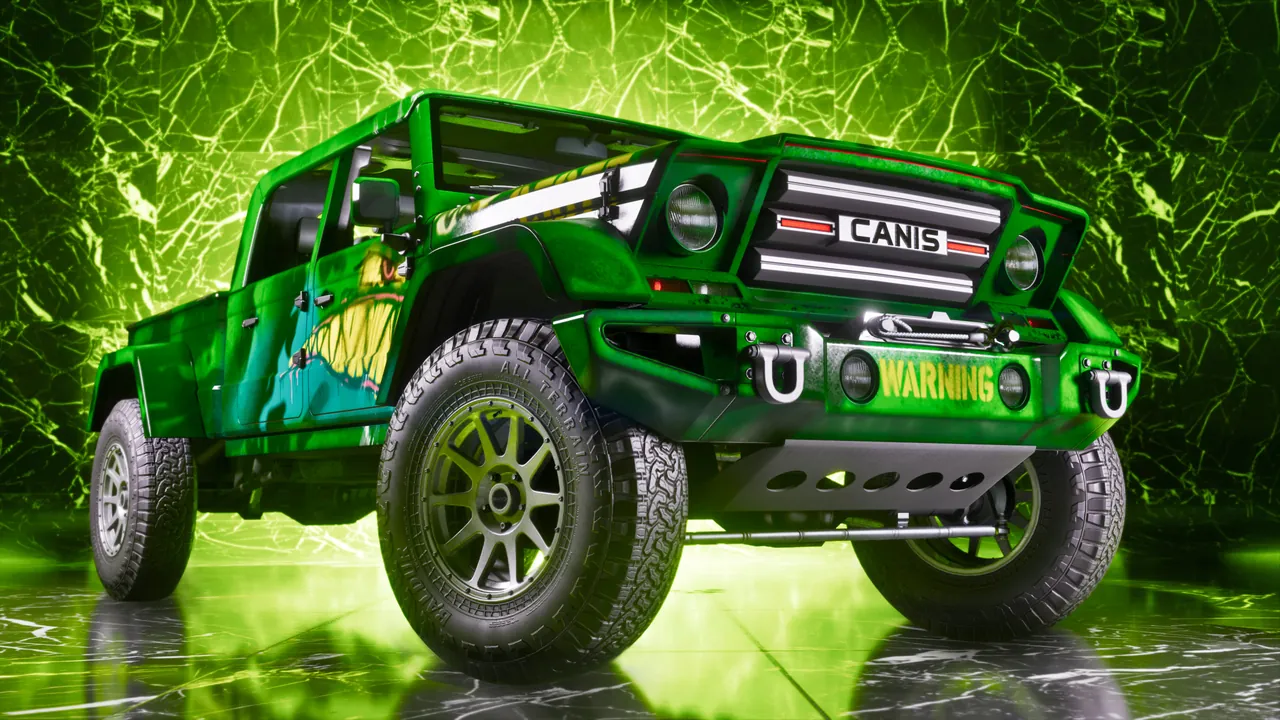 Green Canis Kamacho off-road truck against a glowing green backdrop