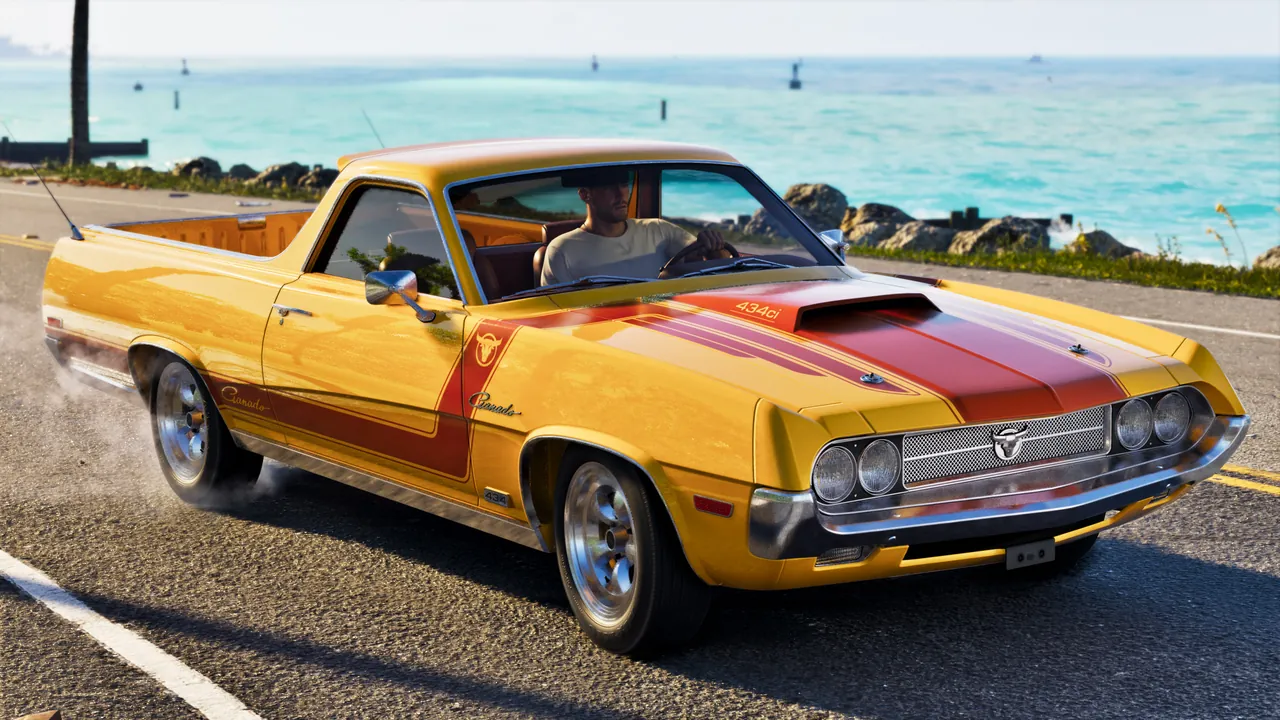 Yellow Vapid Ganado '70 driving along a coastal road