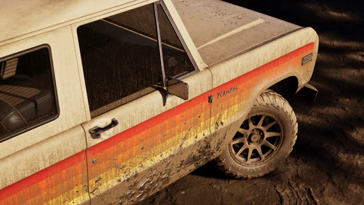 Dirt-covered white Vapid Riata Classic with retro side stripes, close-up