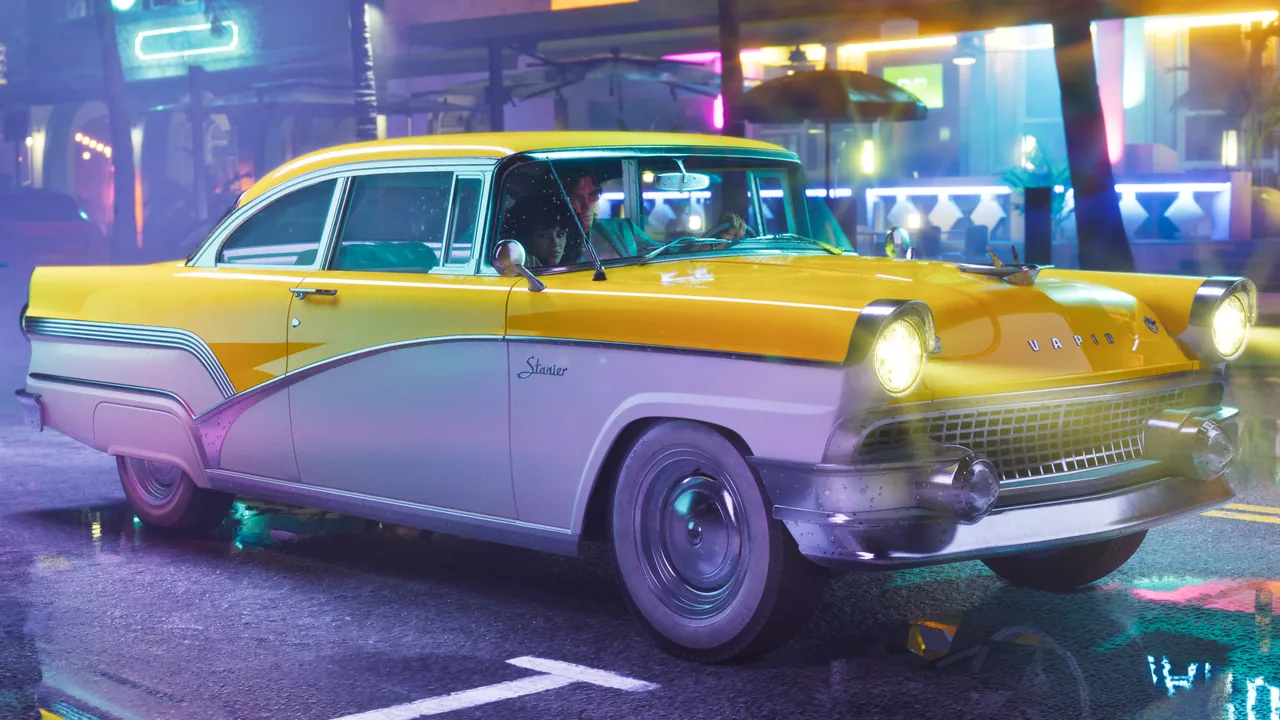Yellow and white Vapid Stanier '55 on a neon-lit street